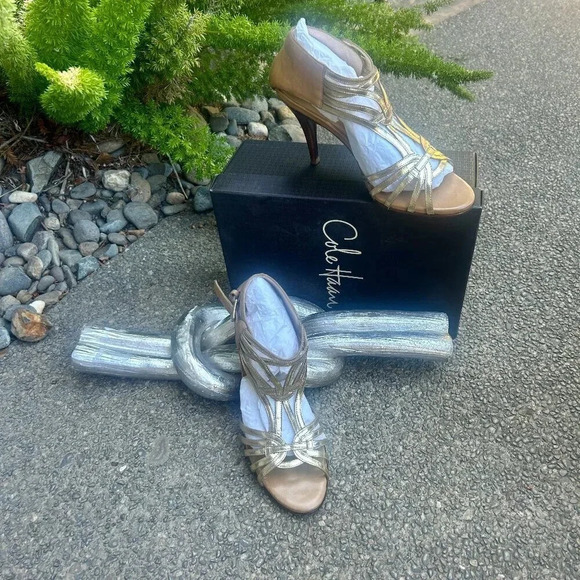 Cole Haan Gold Leather Verona Strappy High Heel Sandals Size 9.5 - Picture 1 of 10